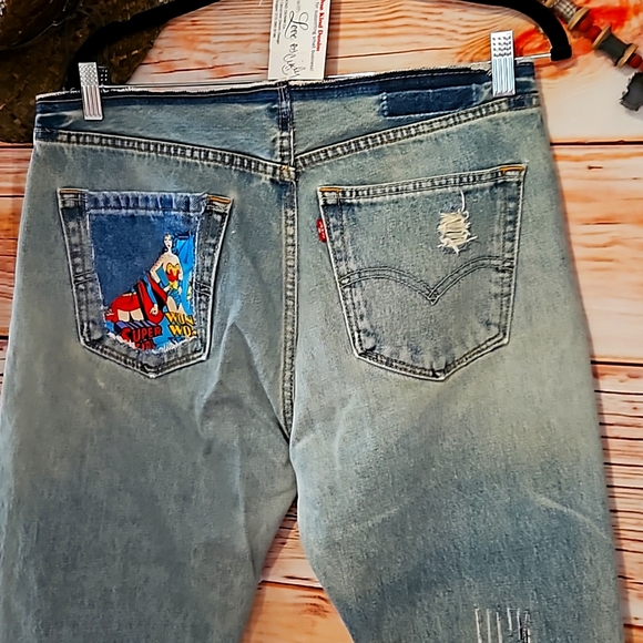 HANDMADE ☆ UPCYCLED "VINTAGE LEVI" EMBELLISHED KINDNESS JEANS! Sz 34w-34inseam - Picture 11 of 13